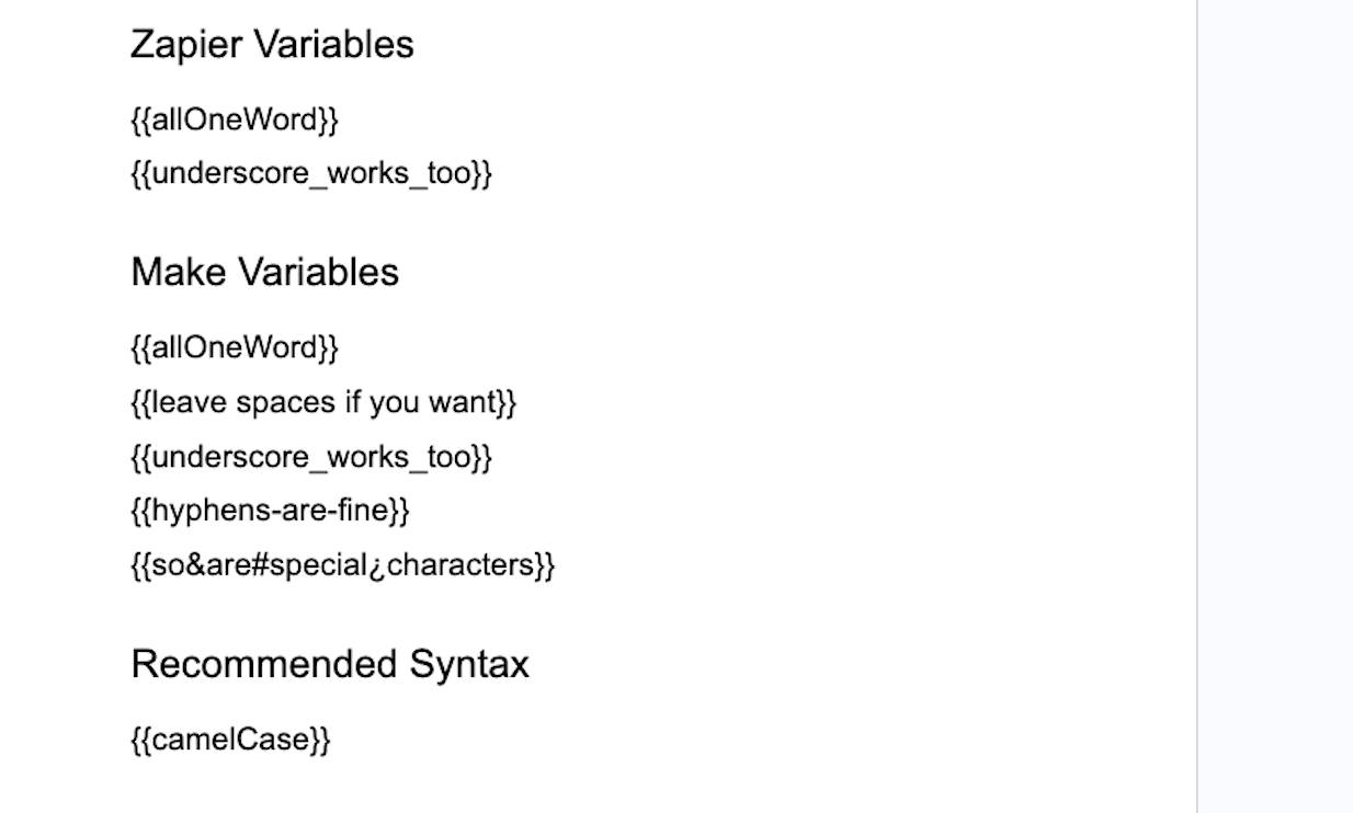 Formatting rules for variables in Zapier and Make