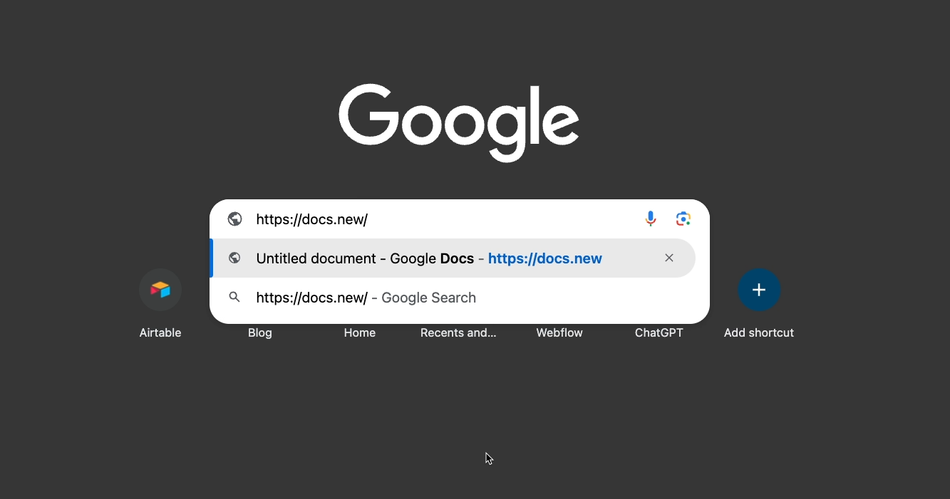 creating a new doc with "docs.new"