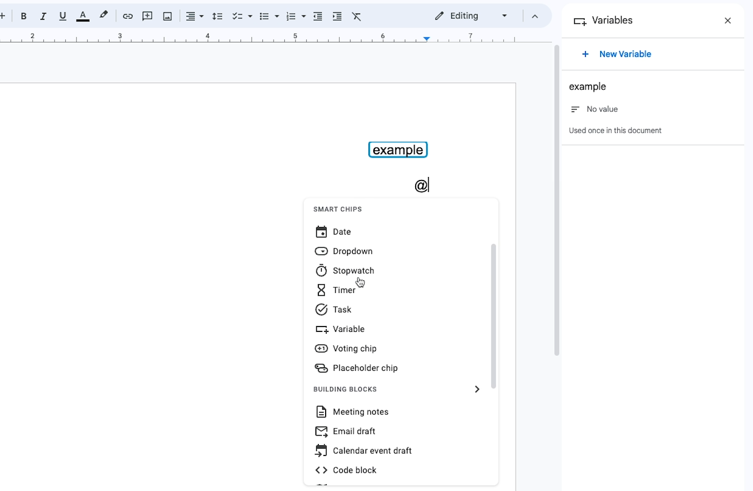 Opening the "Smart Chips" and "Building Blocks" menus in Google docs with the @ key