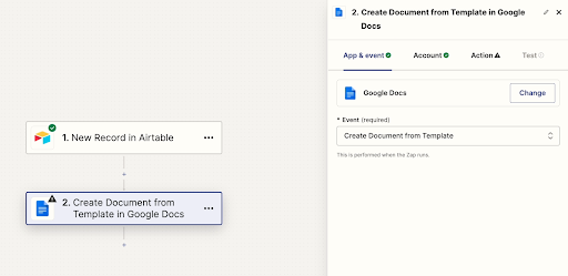 Adding a 'Create Document from a Template' action to the Zap