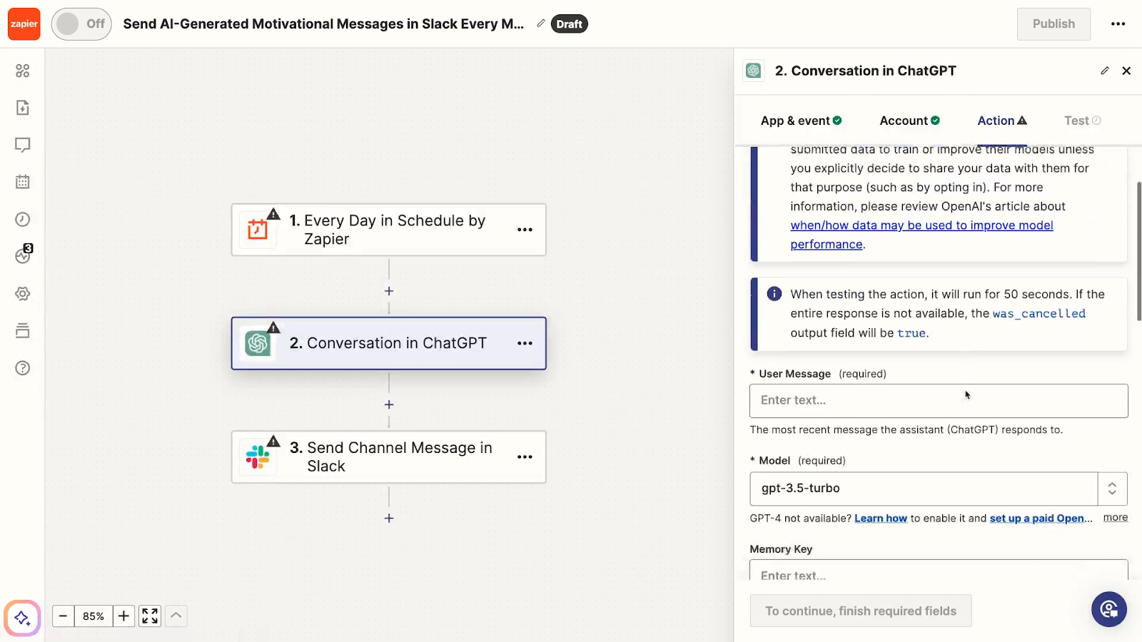 An automated action in a template Zap. None of the steps are configured. 