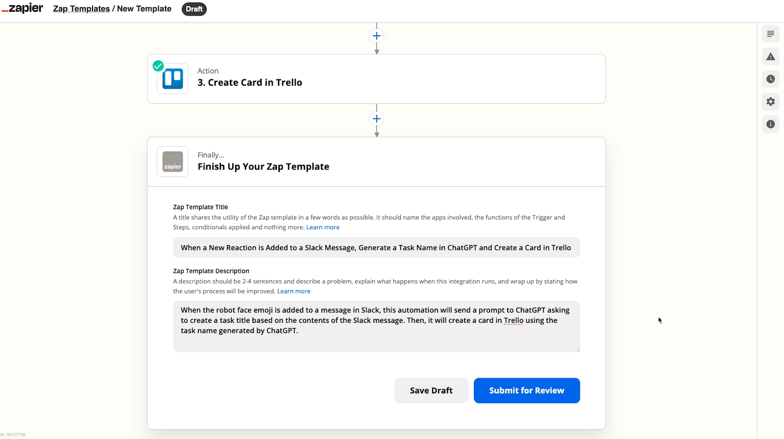 Providing a title and description for a Zapier developer template