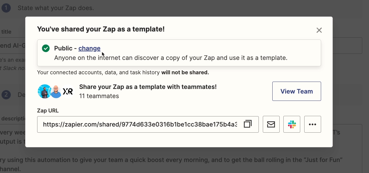 Selecting "Change" to edit Zap template sharing settings