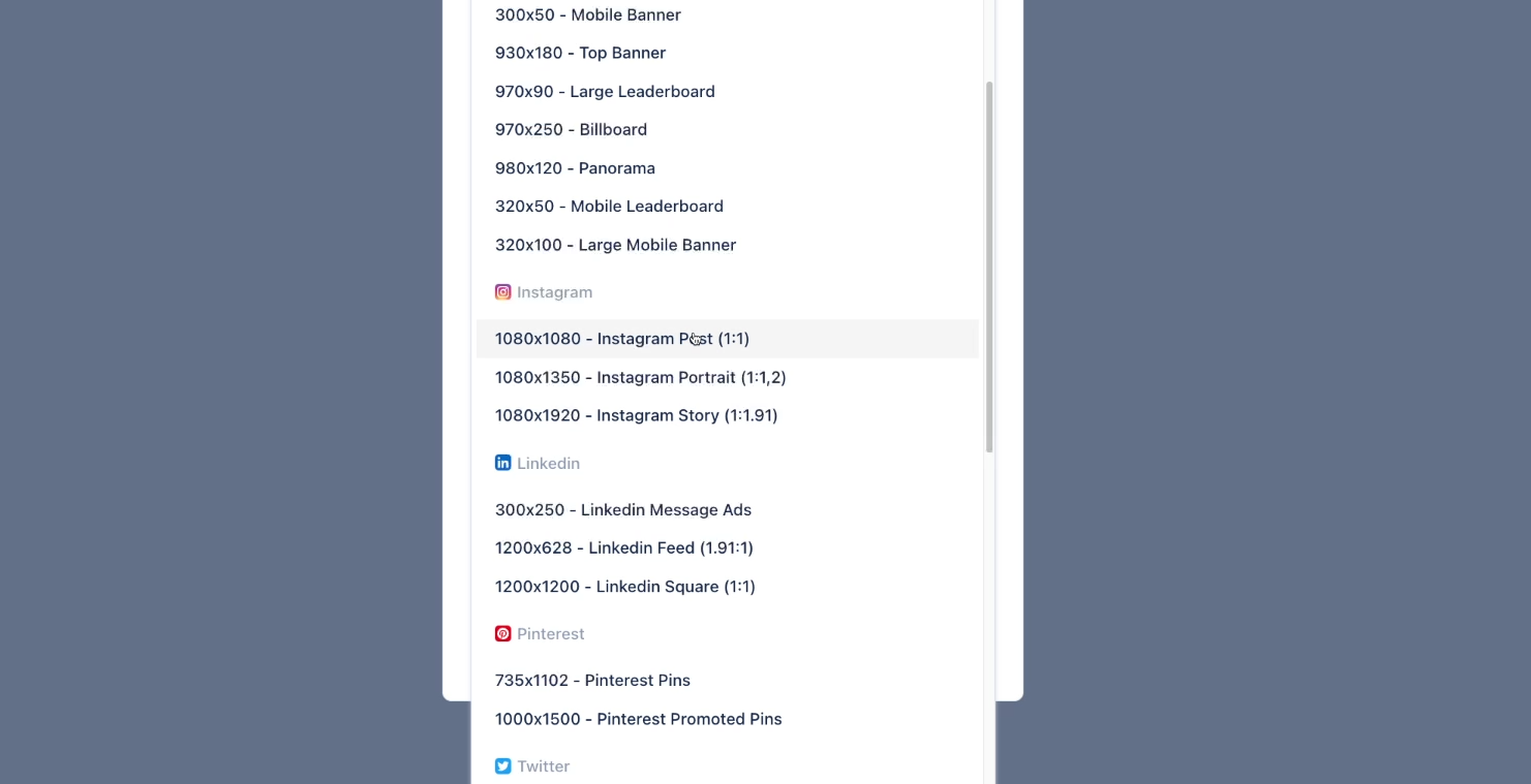 Some social media formats available in Abyssale