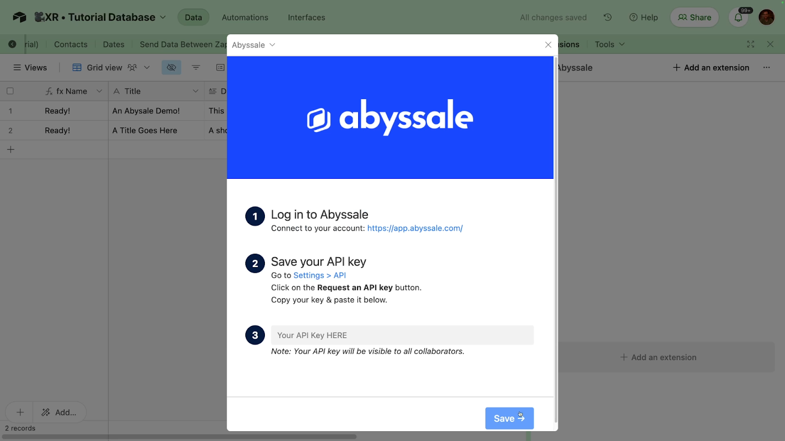 Instructions for connecting an Abyssale account to an Airtable base