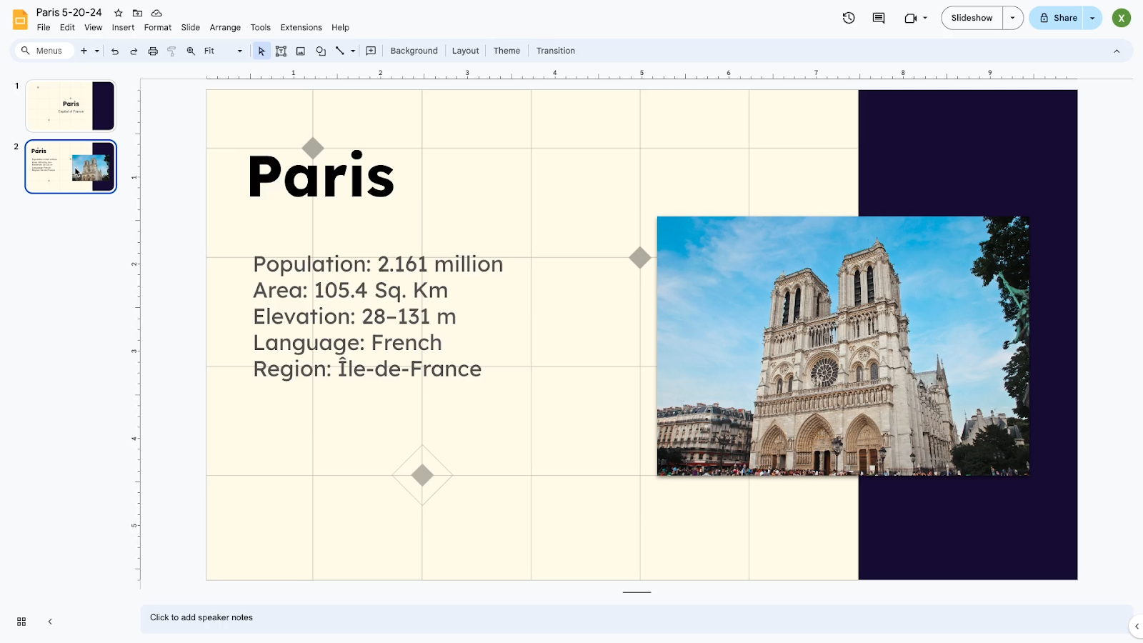 A finished view of the slide presentation with the image and variables completed