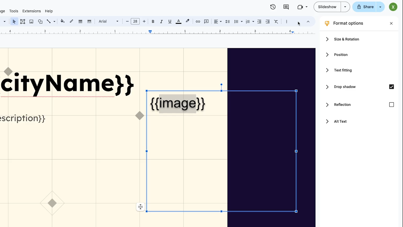 Selecting Formatting Options with Drop shadow enabled