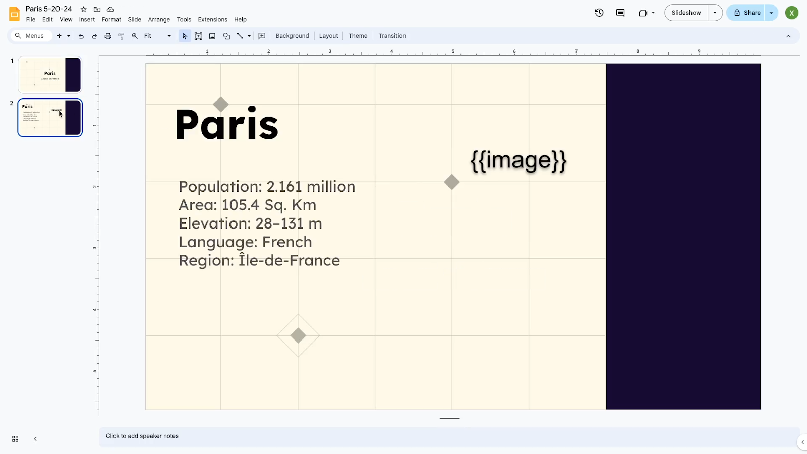 Second slide of the finished presentation with the image variable still empty