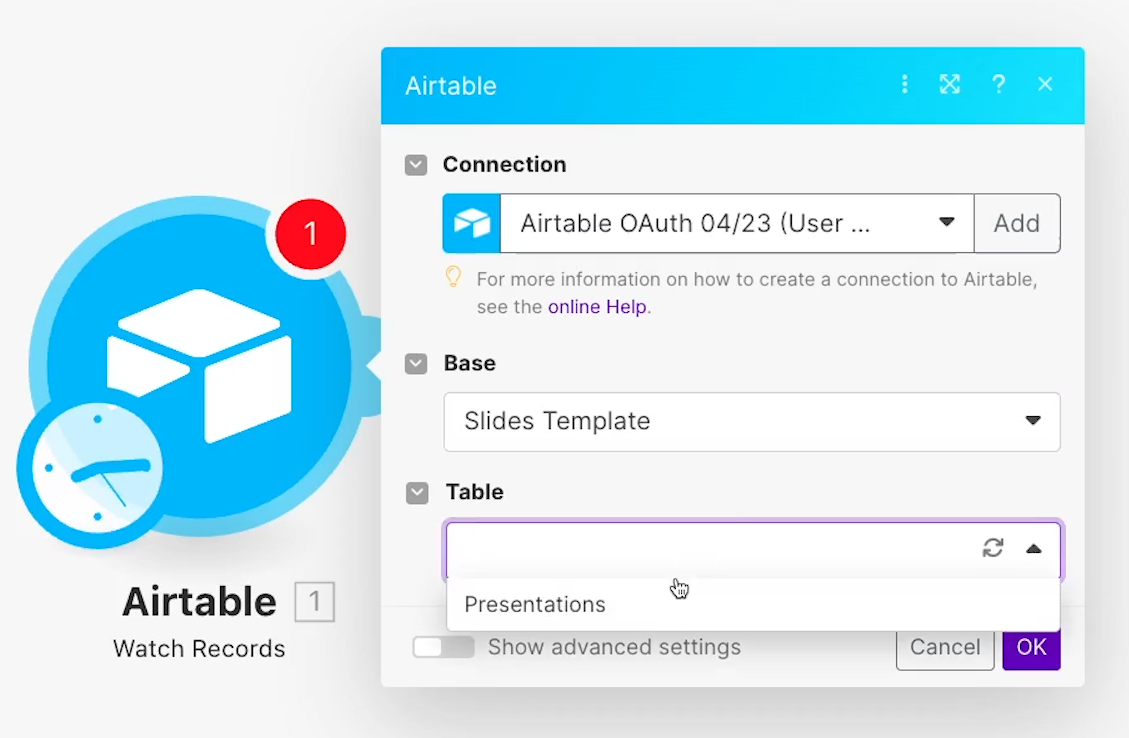 Select the Base and Table to look for Records