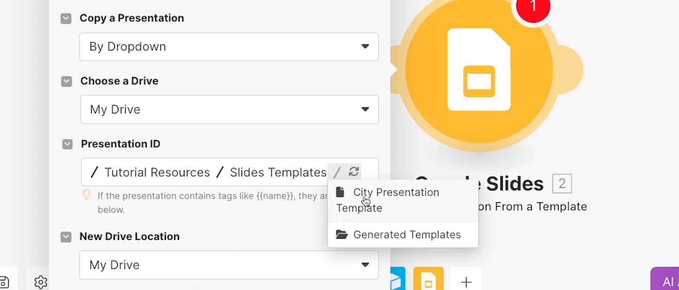 Select the Presentation you wish to use with the dropdown from Presentation ID