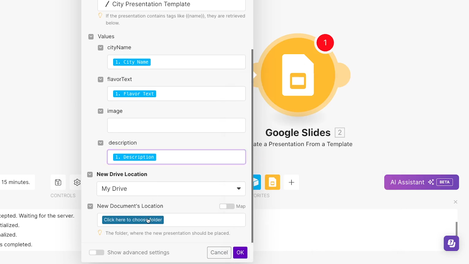 Fill out variables with fields from Airtable trigger.  Click to choose a folder for the New Documents Location