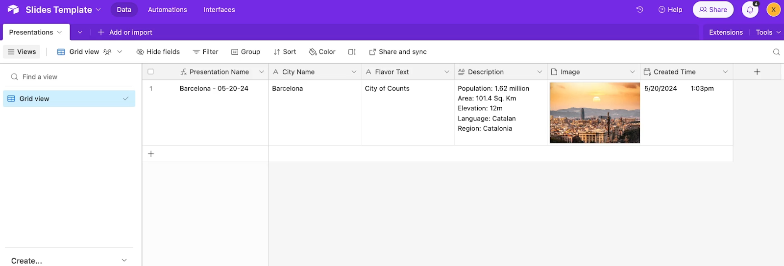 Airtable Fields in the Presentations Table with one entry filled.