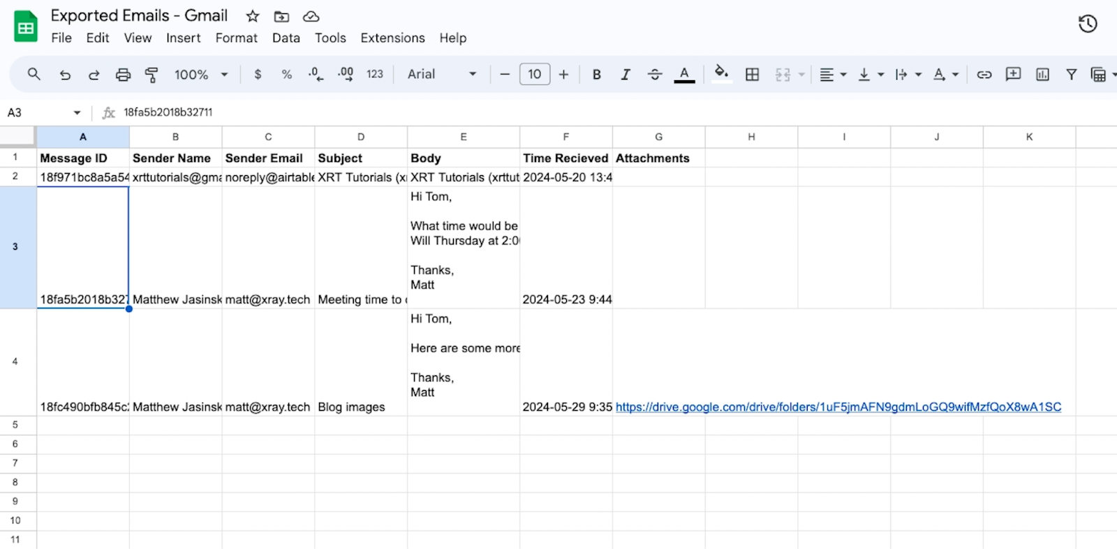 GSheets that will be receiving email data 