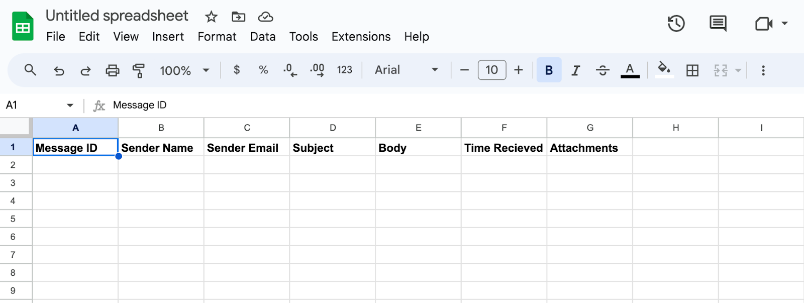 Spreadsheet with Columns of different fields of the email to be logged