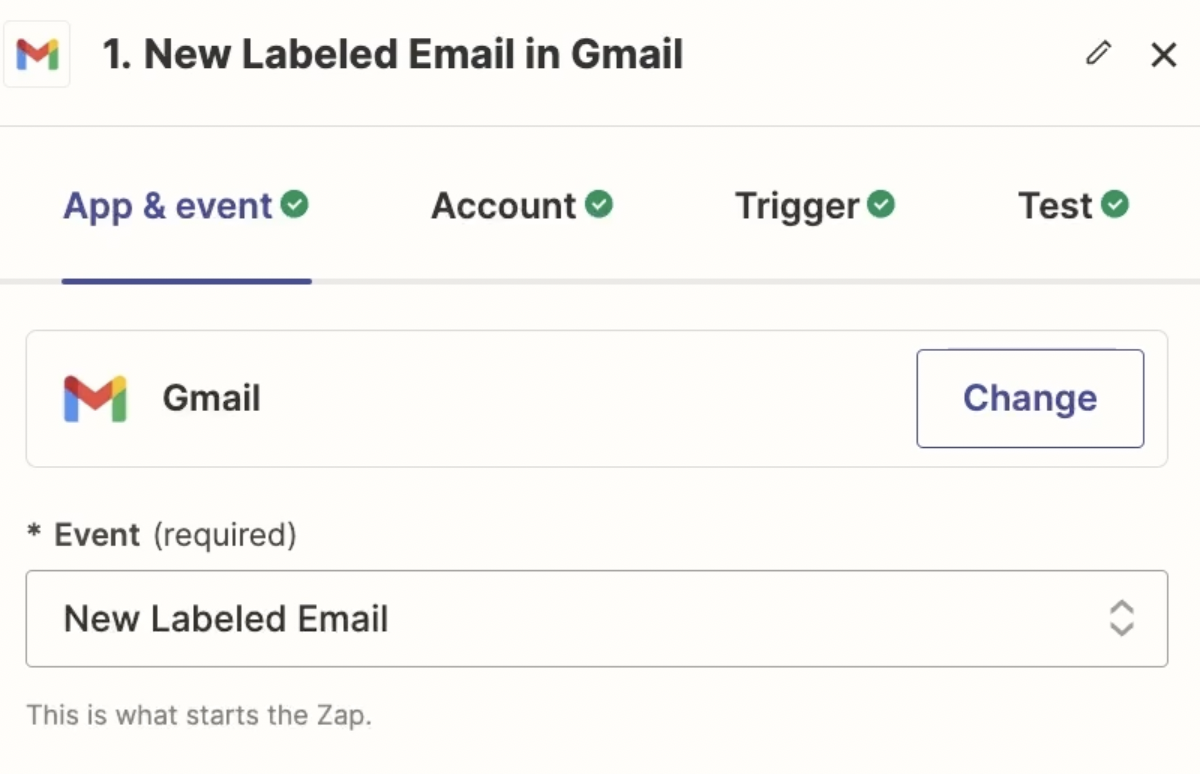 A "New Labeled Email" trigger event in Zapier