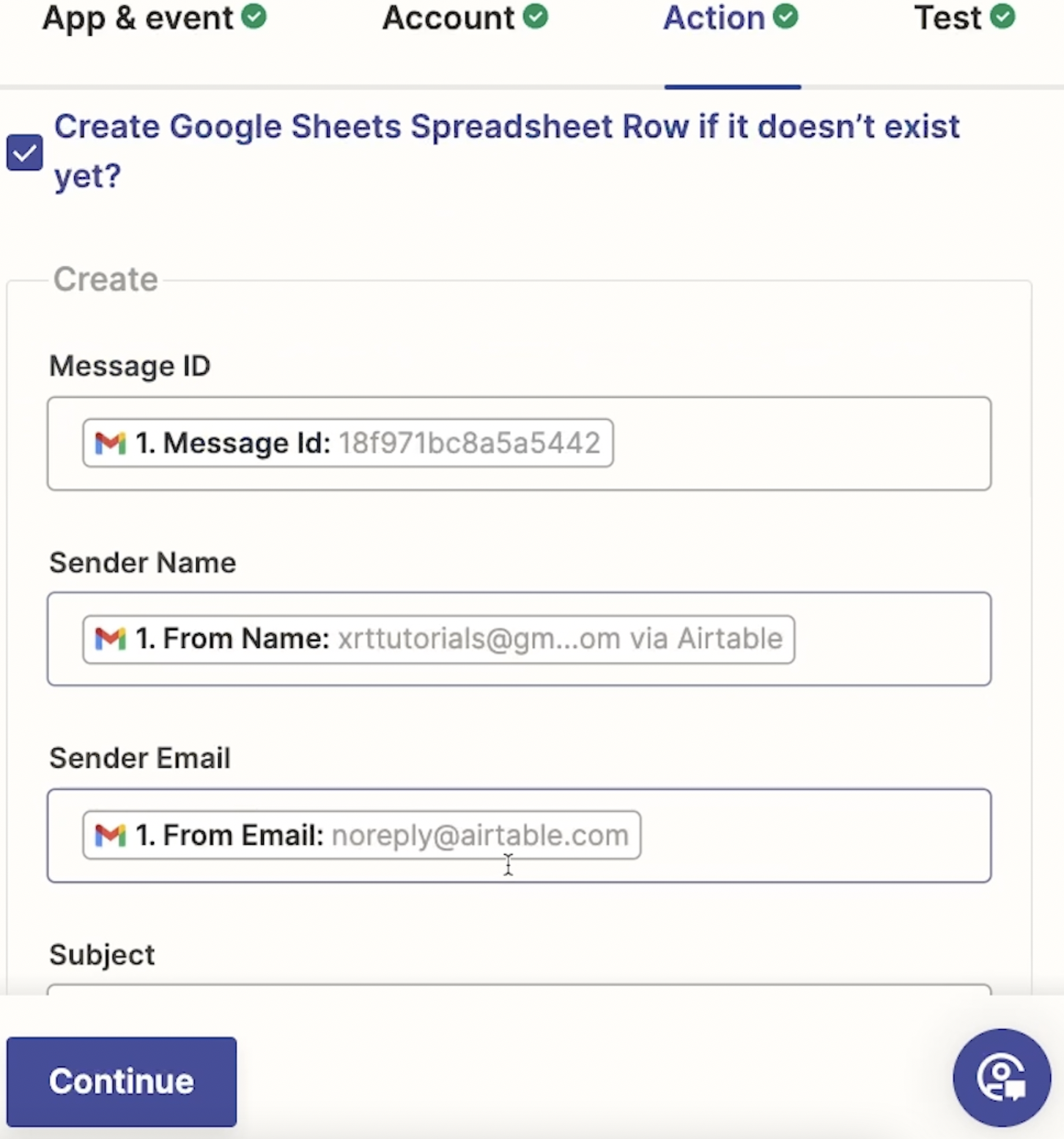 The Action to map the email fields to a spreadsheet