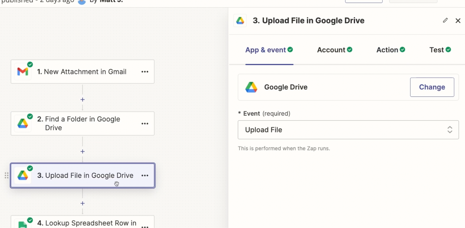 An Upload File in Google Drive Action selected