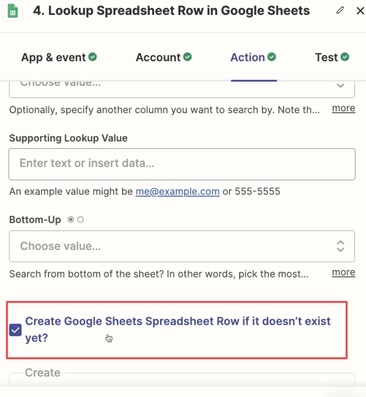 Make sure Create Google Sheets Row if it doesn't exist is checked