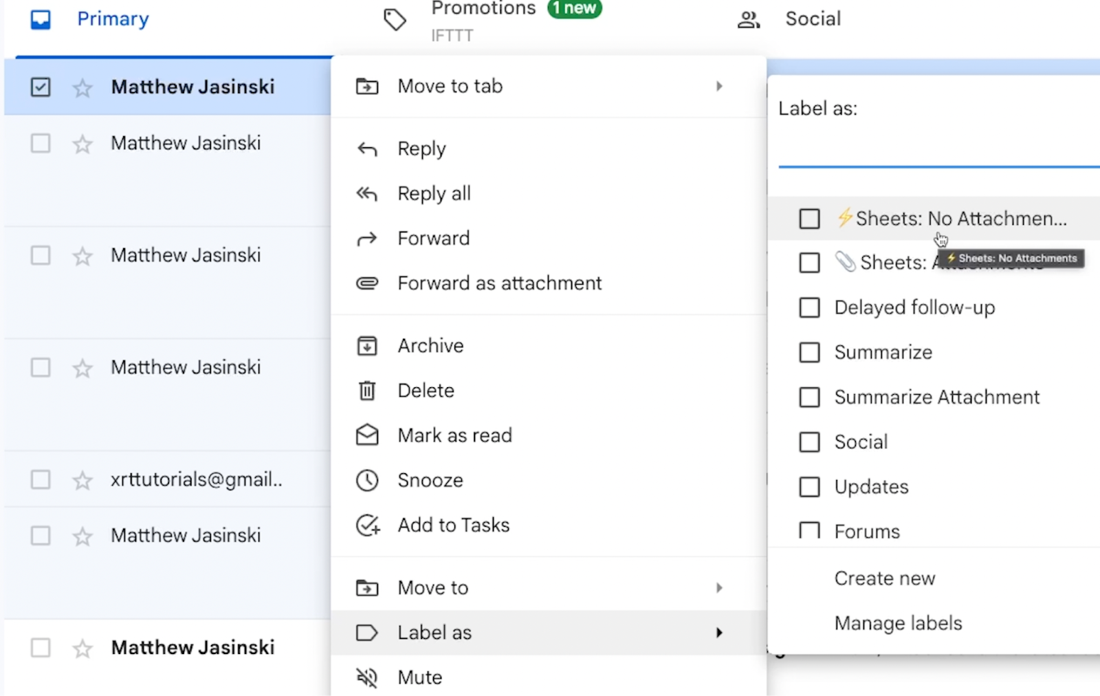 Label an Email with "⚡️Sheets: No Attachments" highlighted