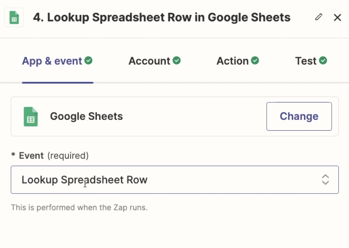 GSheets Action Lookup Spreadsheet Row selected