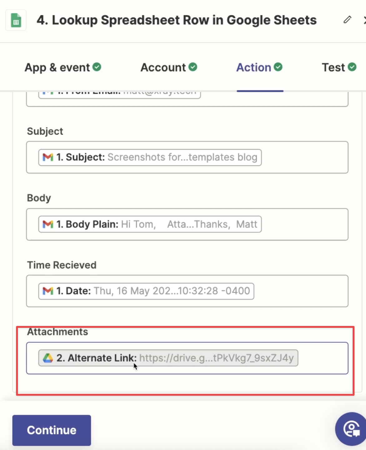 The Attachments Field  with Alternate Link from Step 2 checked