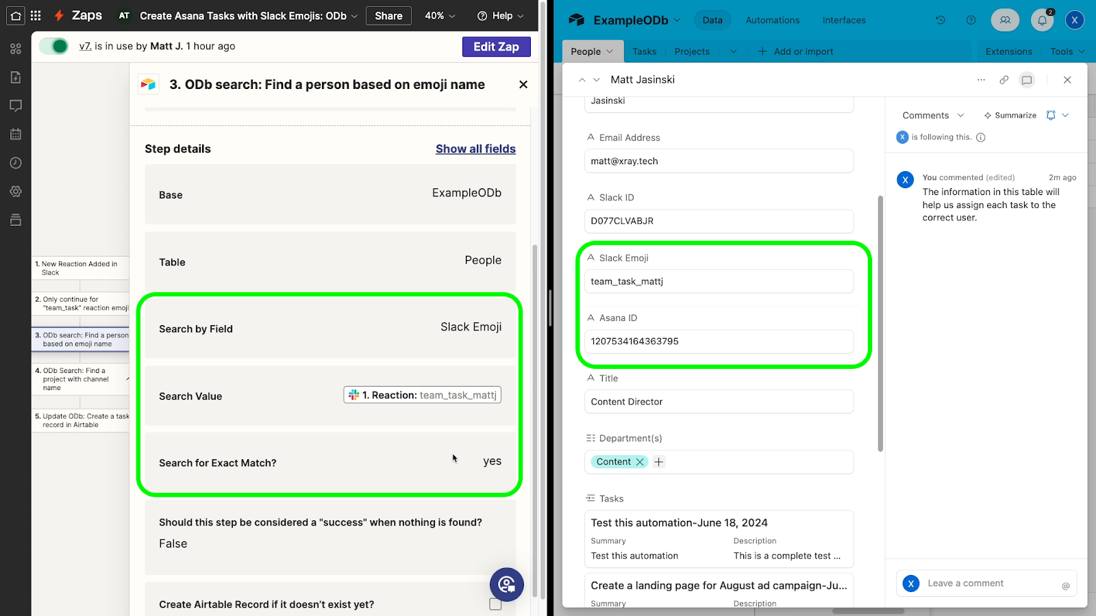 An Airtable search step matches emoji reactions to the right Asana ID