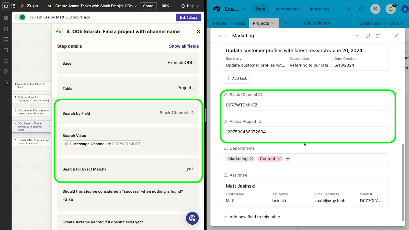 An Airtable search step matches each Slack channel to the right Asana project ID