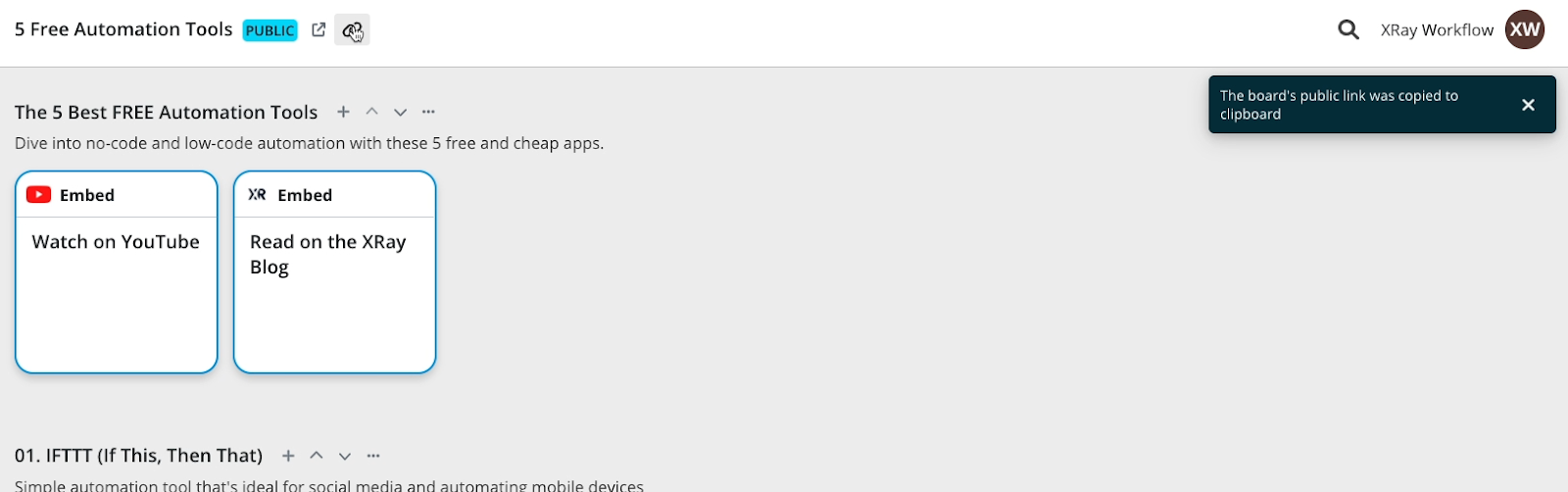 Copying a link to share an XRay Workflow board