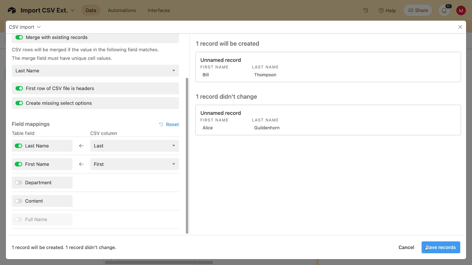 Importing data into the linked table first