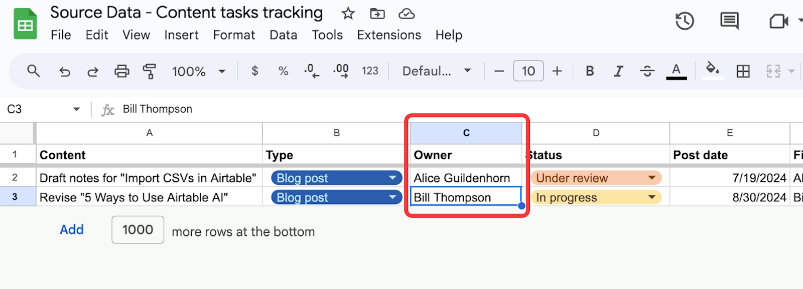 A Google Sheet that lists Bill Thompson in the "Owner" column