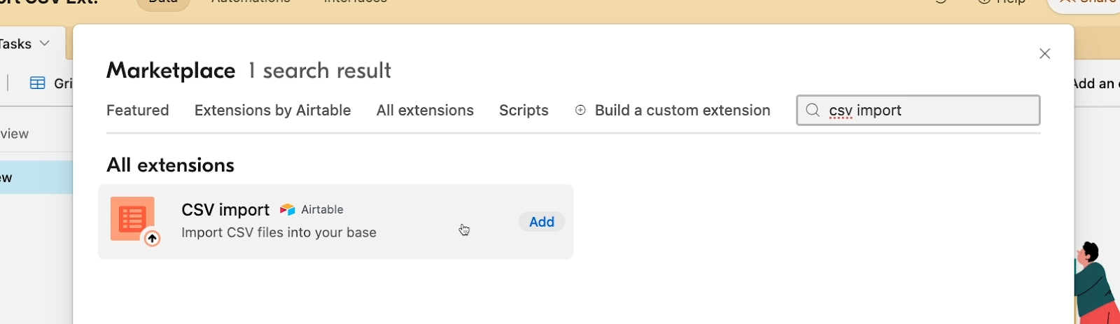 Searching for "CSV import" in the extension marketplace