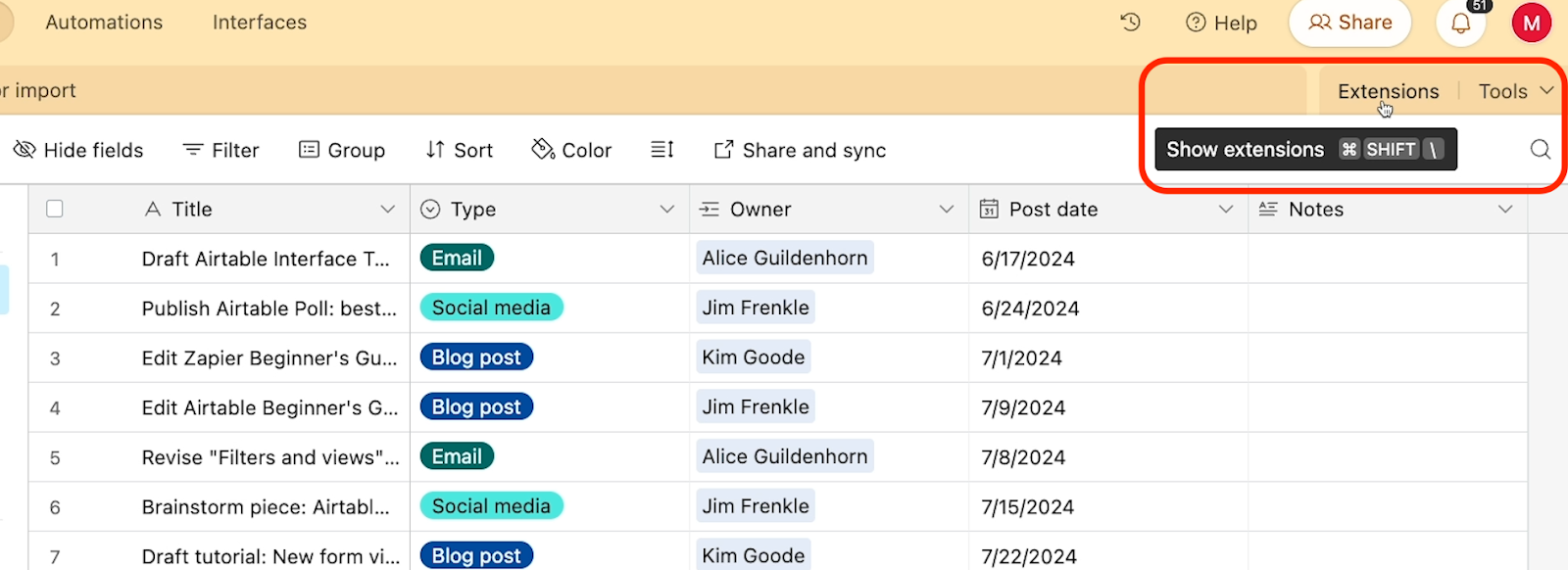 The extensions tab and shortcut in Airtable