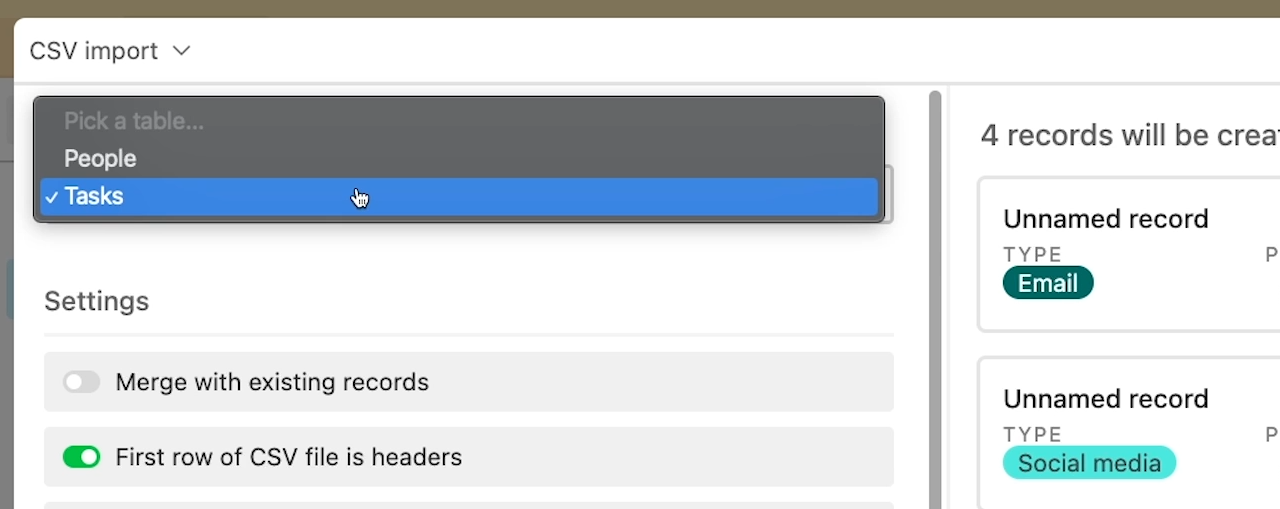 Picking a table to import data to