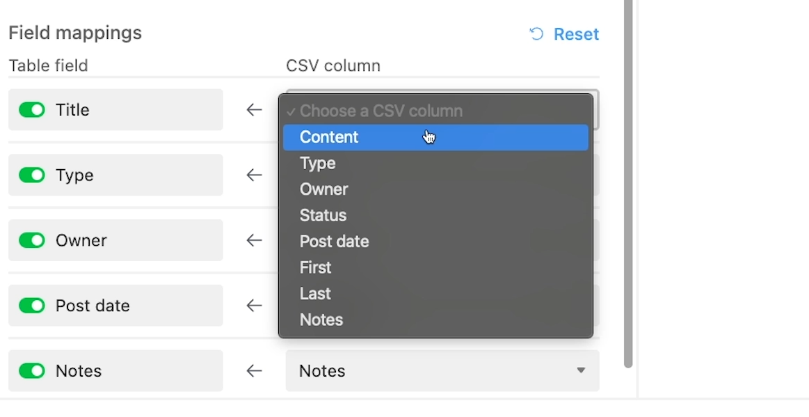 Mapping fields in a CSV import