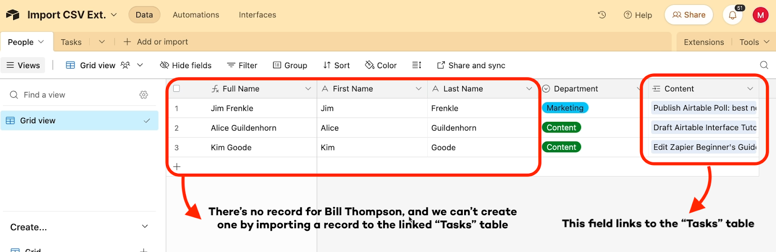 The "People" table in Airtable does not include a record for Bill Thompson