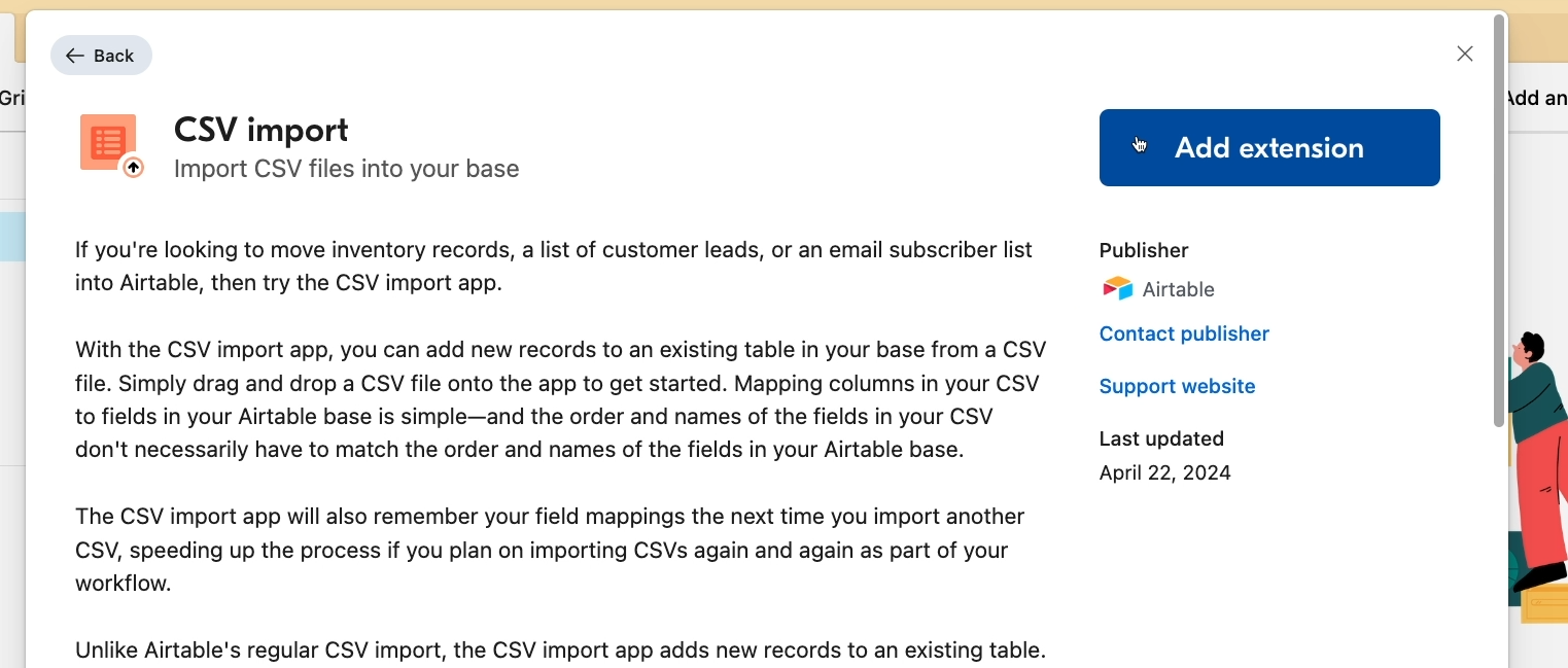 CSV import extension marketplace page