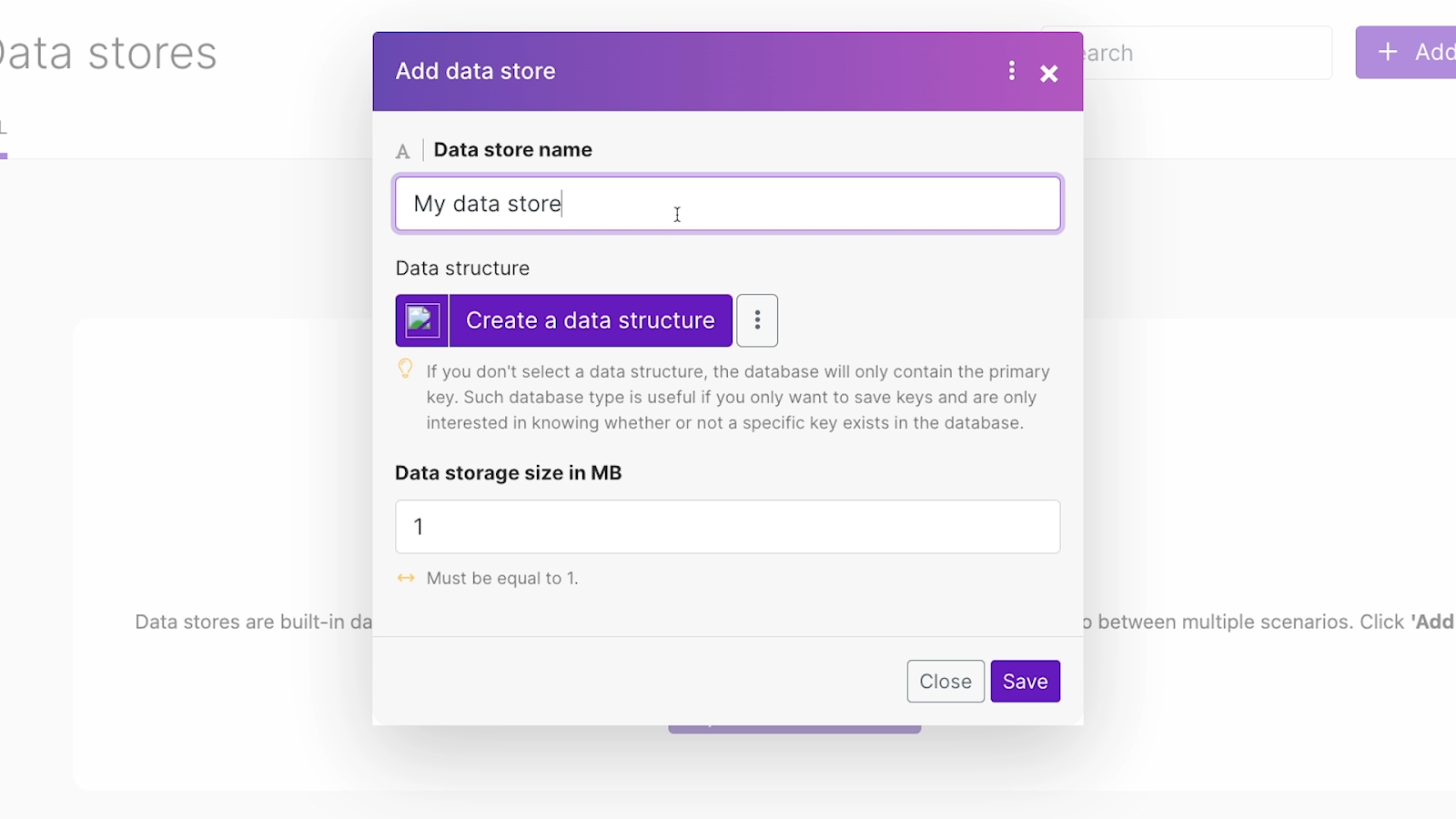 Initial options for configuring a new data store