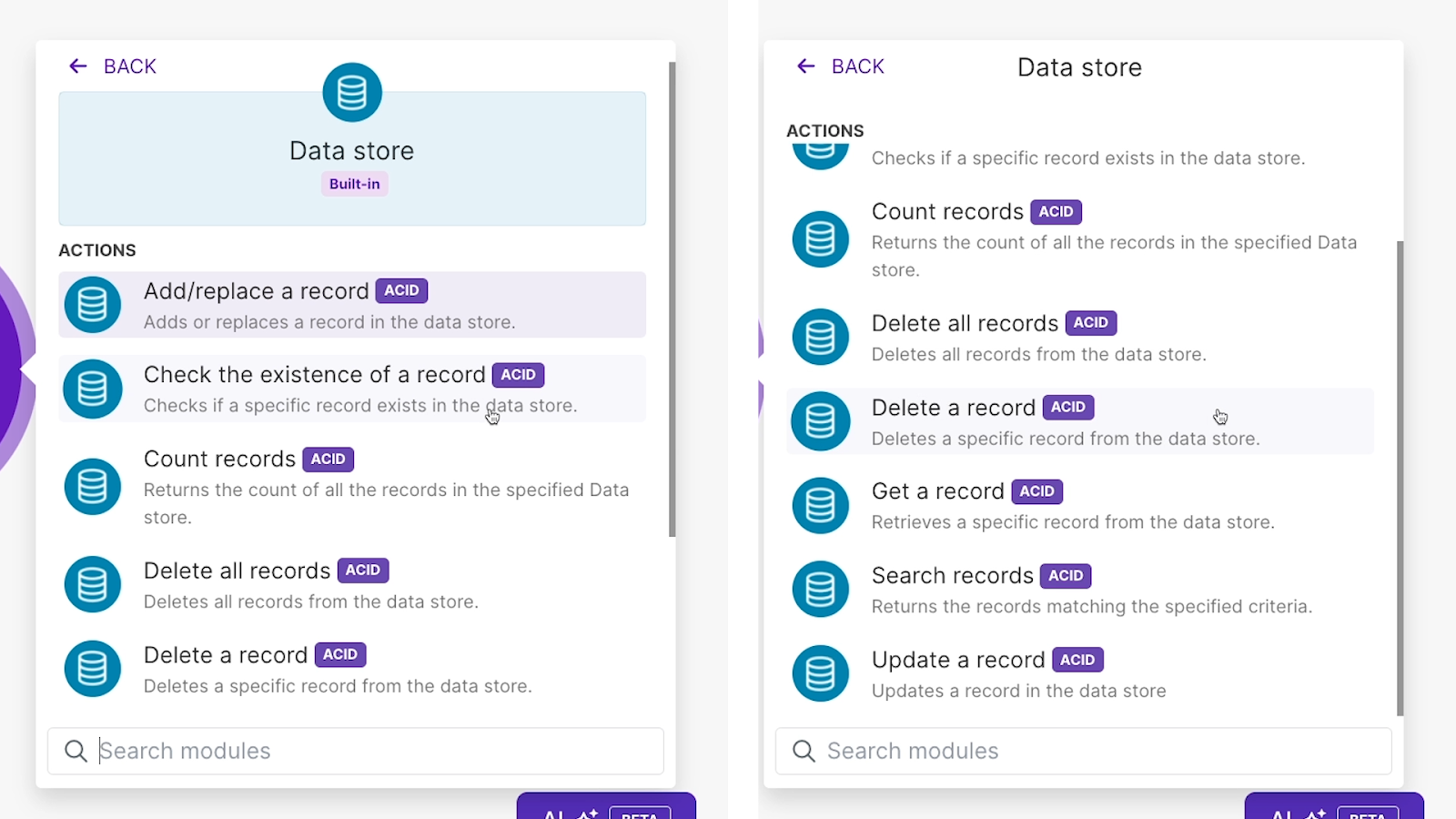 Available automated actions for data stores in Make