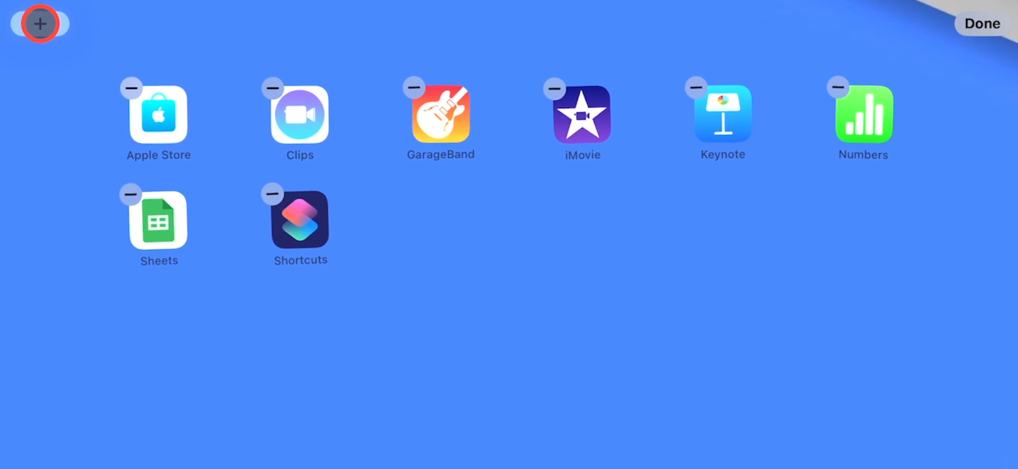 Pressing a plus sign to add a Shortcut widget to an iPad or iPhone homescreen