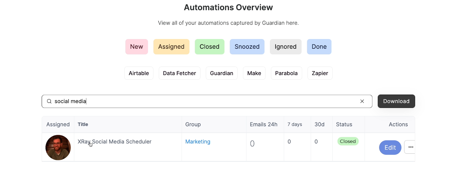 Finding an automation and its alert emails in Guardian