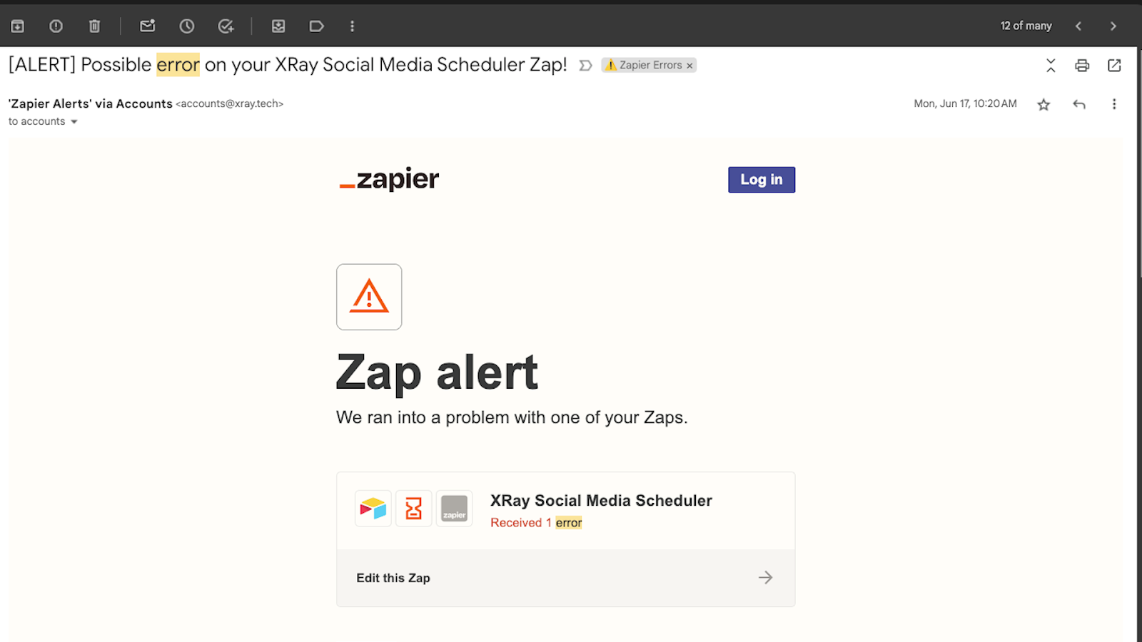 An error alert email from Zapier