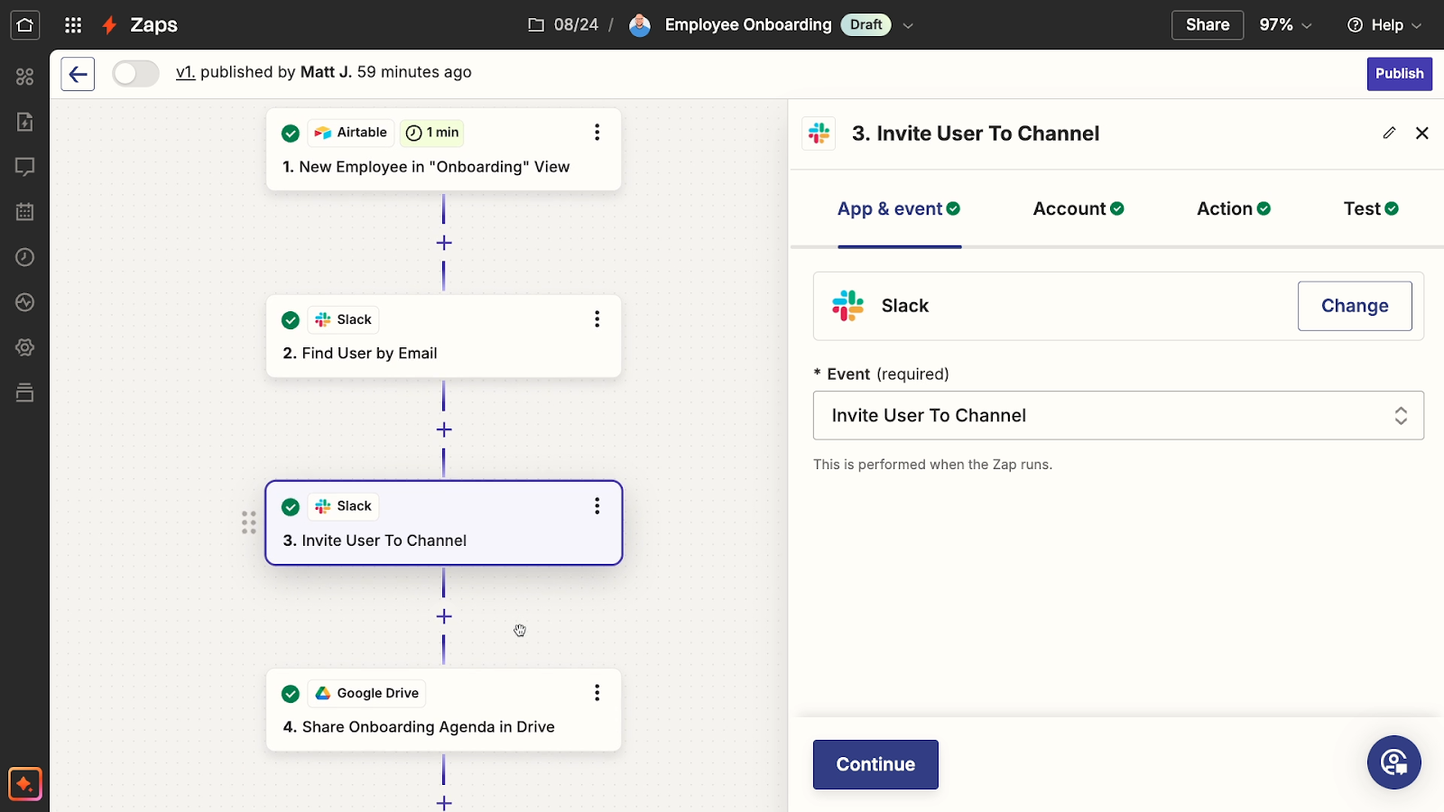 Part 1 of an onboarding workflow in Zapier