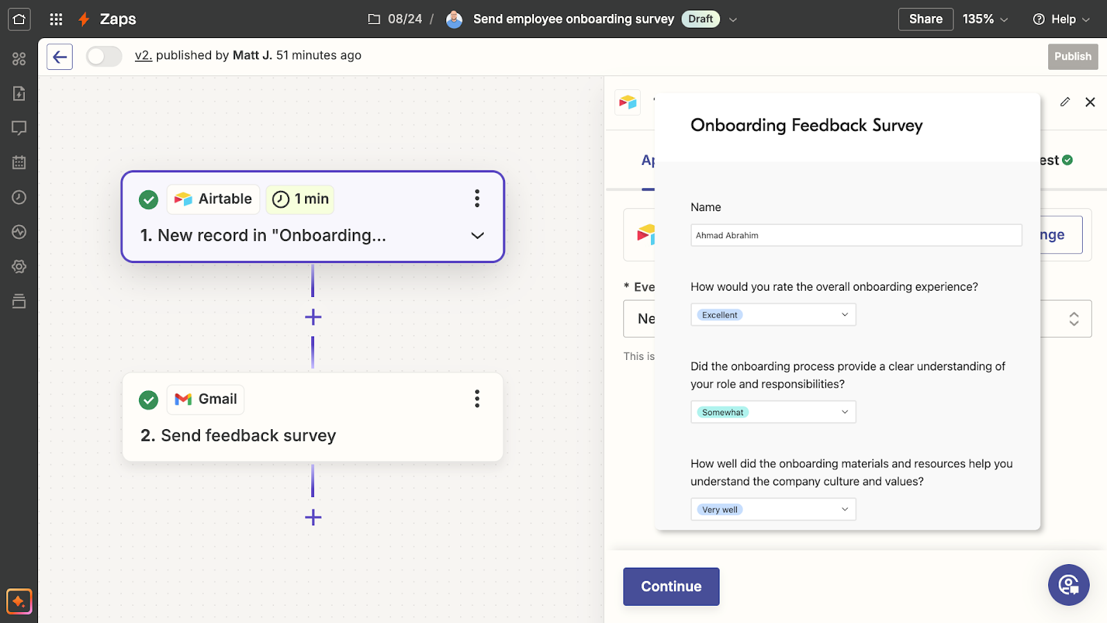 A Zap that sends out an onboarding feedback survey through GMail