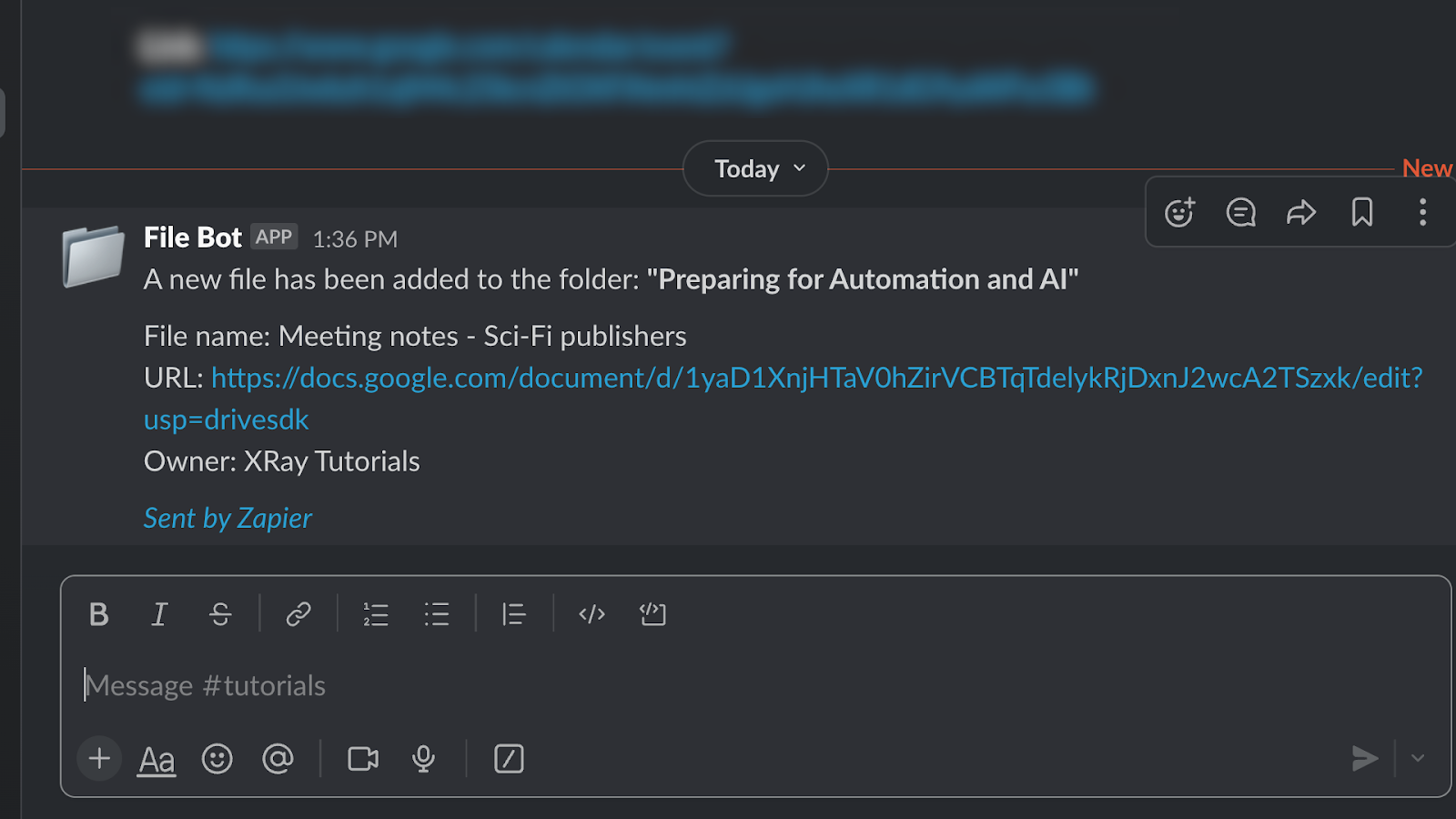 An alert in Slack created by Zapier with data retrieved from Google Drive