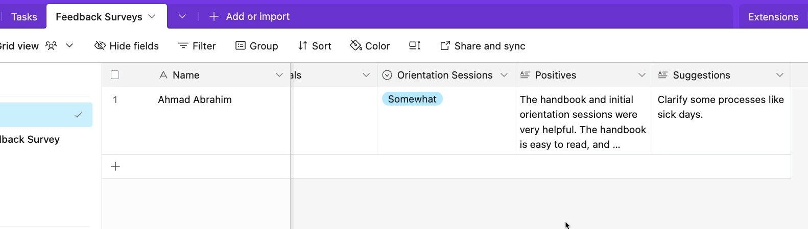 A survey response in Airtable, which can be used in an AI prompt