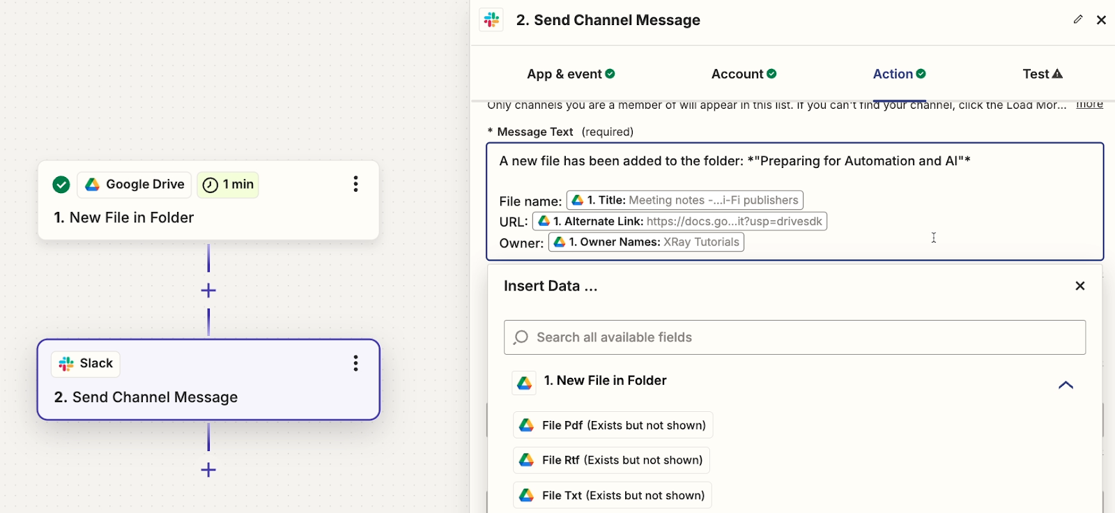 A Zap that retrieves and sends standard variables in Google Drive