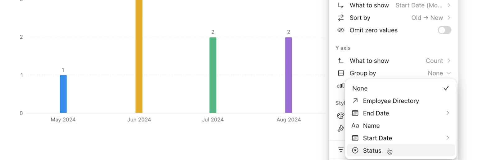 Choosing a field to group by in a Notion chart