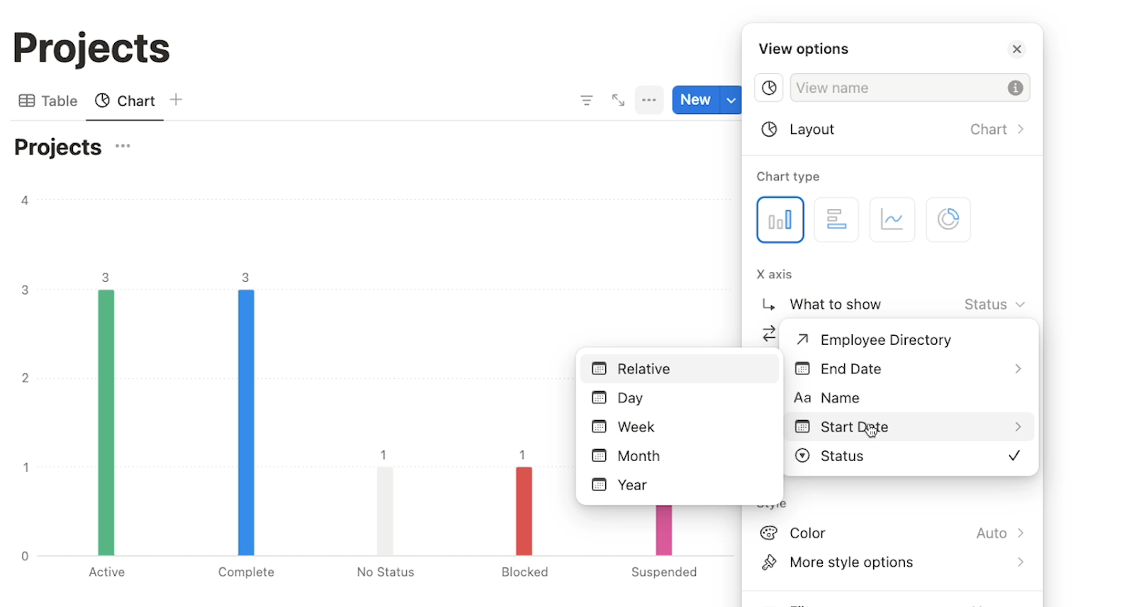 Options for date fields in a Notion chart