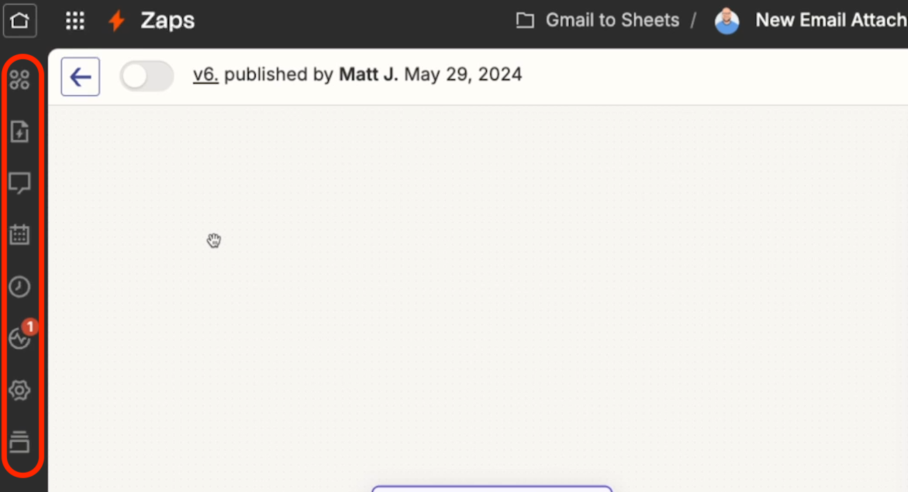 Zap Settings on the Left Side of the Zapier Interface