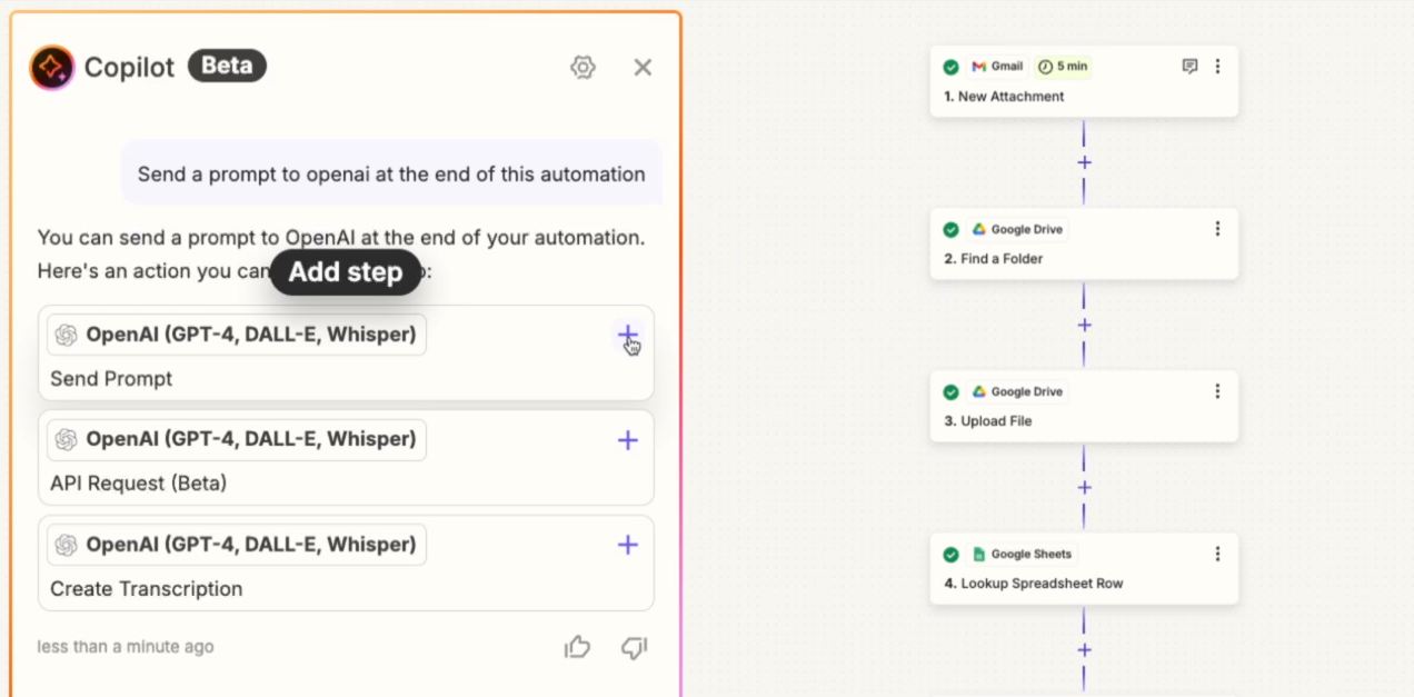 Co pilot menu with several prompt options available